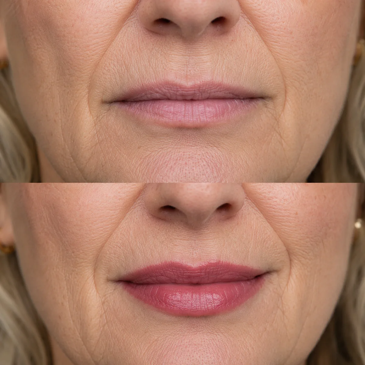 Lip blush before and after on mature skin in Prescott, AZ — soft, natural permanent lip color by Brow Expressions