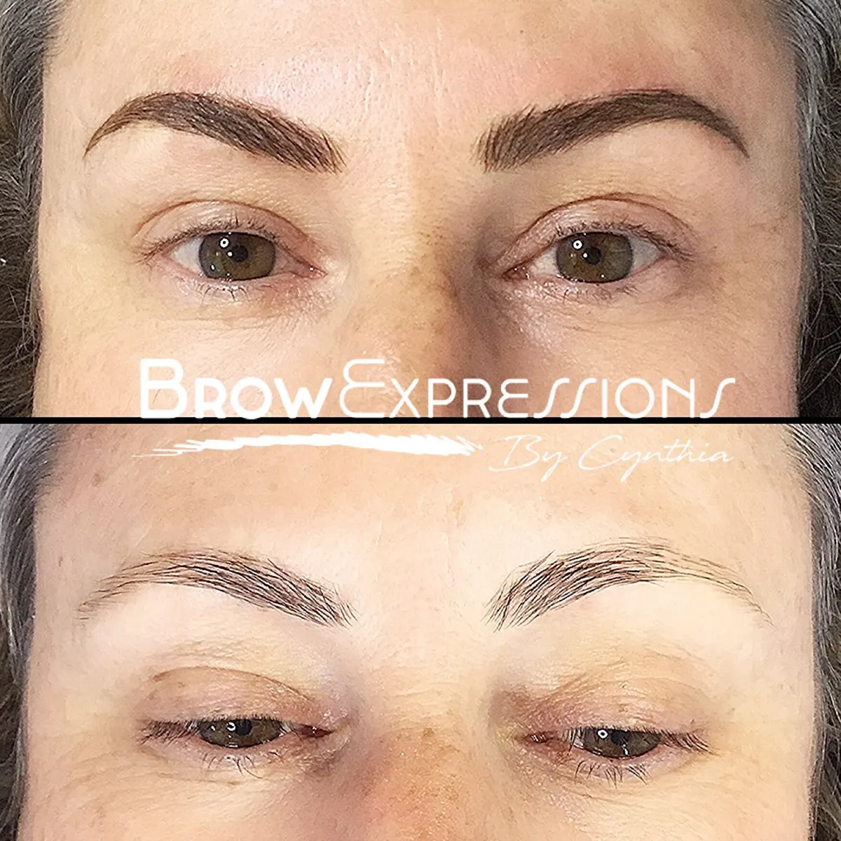 Microblading before and after on mature skin in Prescott, AZ — soft natural brow hairstrokes