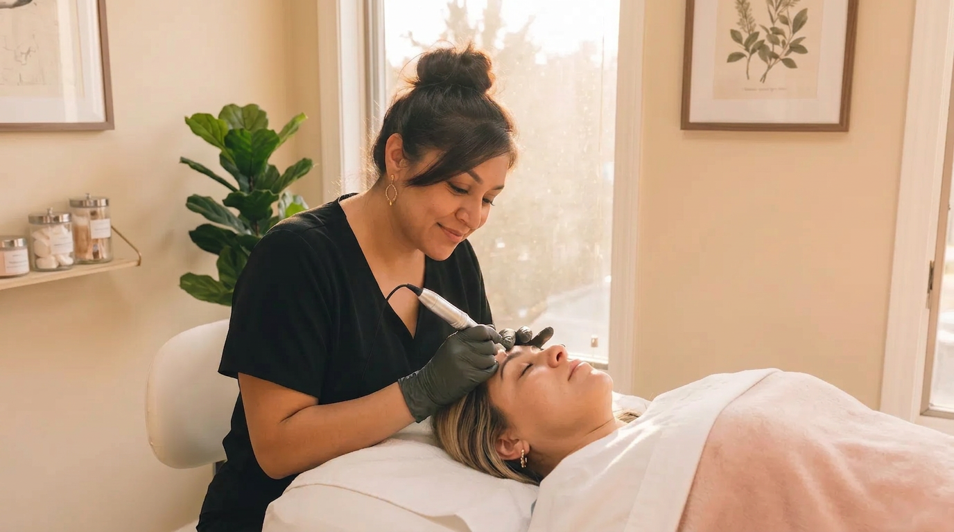 Cynthia Irwin, permanent makeup artist, applying nano brows to a client in Prescott, AZ