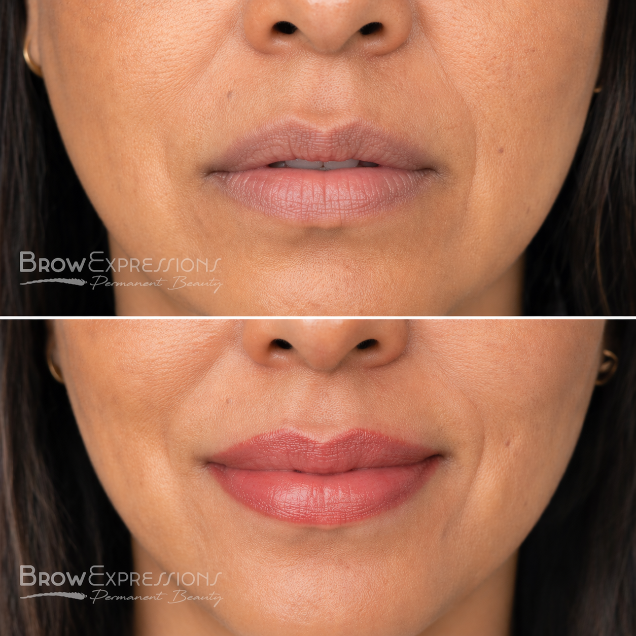 Lip blush before and after in Prescott, AZ — natural permanent lip color by Cynthia Irwin at Brow Expressions