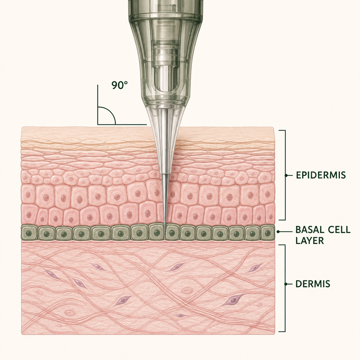 PMU skin anatomy diagram showing a needle entering at 90 degrees and stopping at the basal cell layer