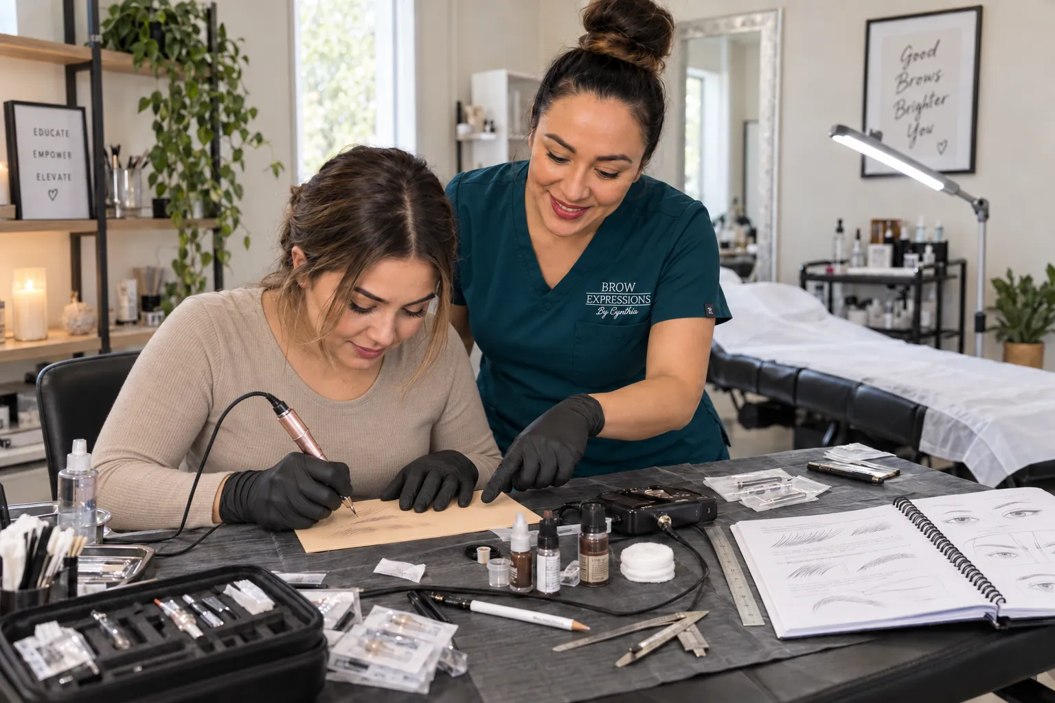 Cynthia Irwin coaching a student practicing permanent makeup technique during her Prescott, Arizona PMU training course