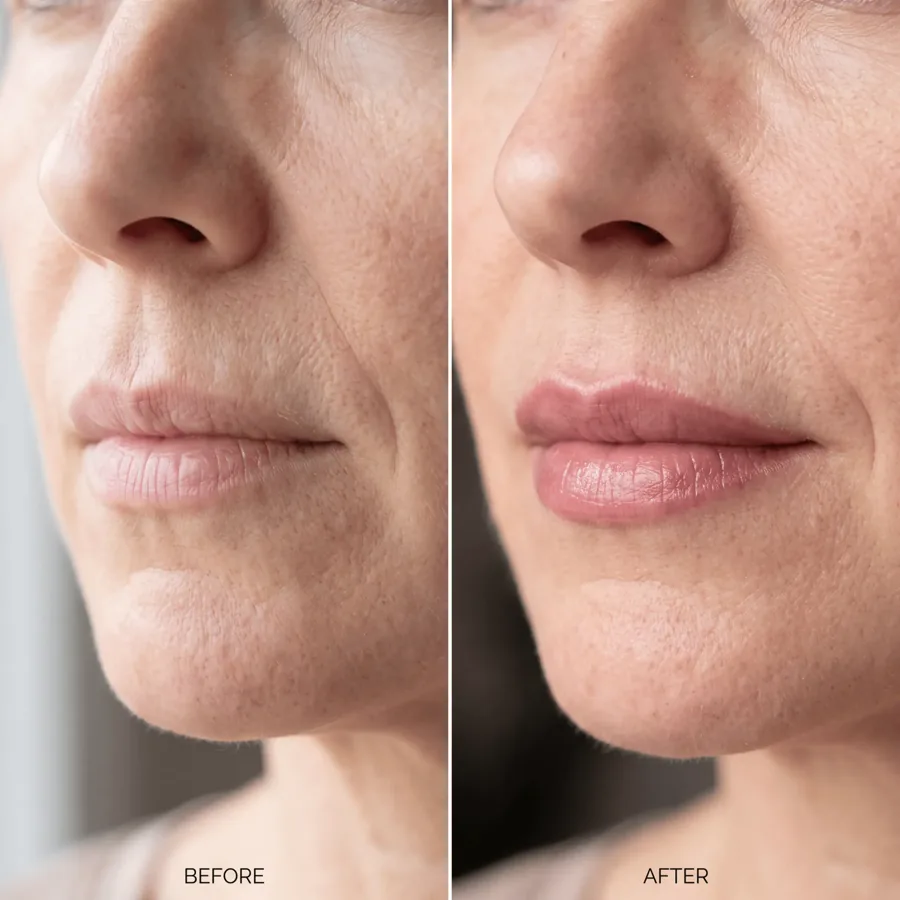 Profile view before and after soft rose lip blush for a mature client