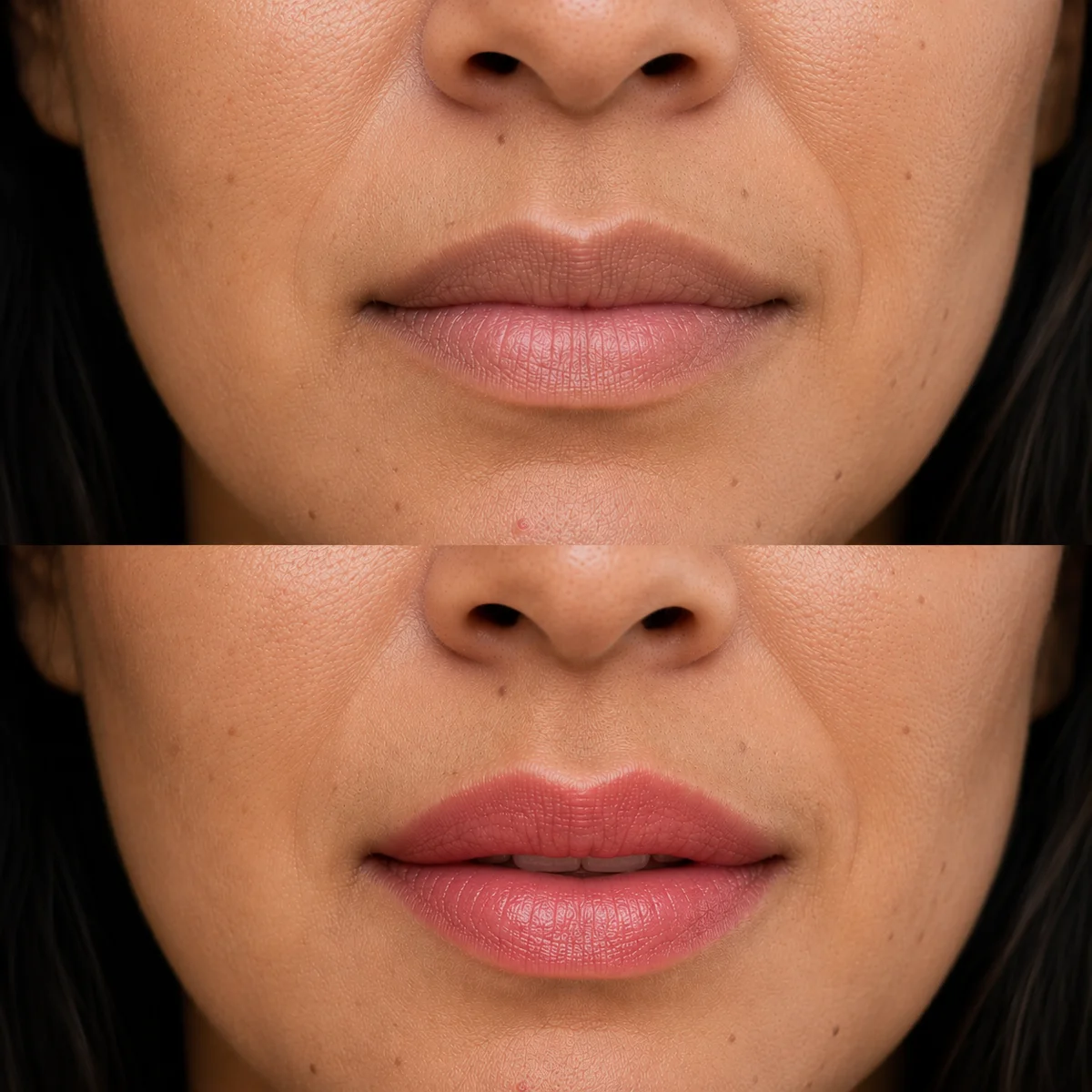 Lip neutralization before and after showing an even rosy lip tone