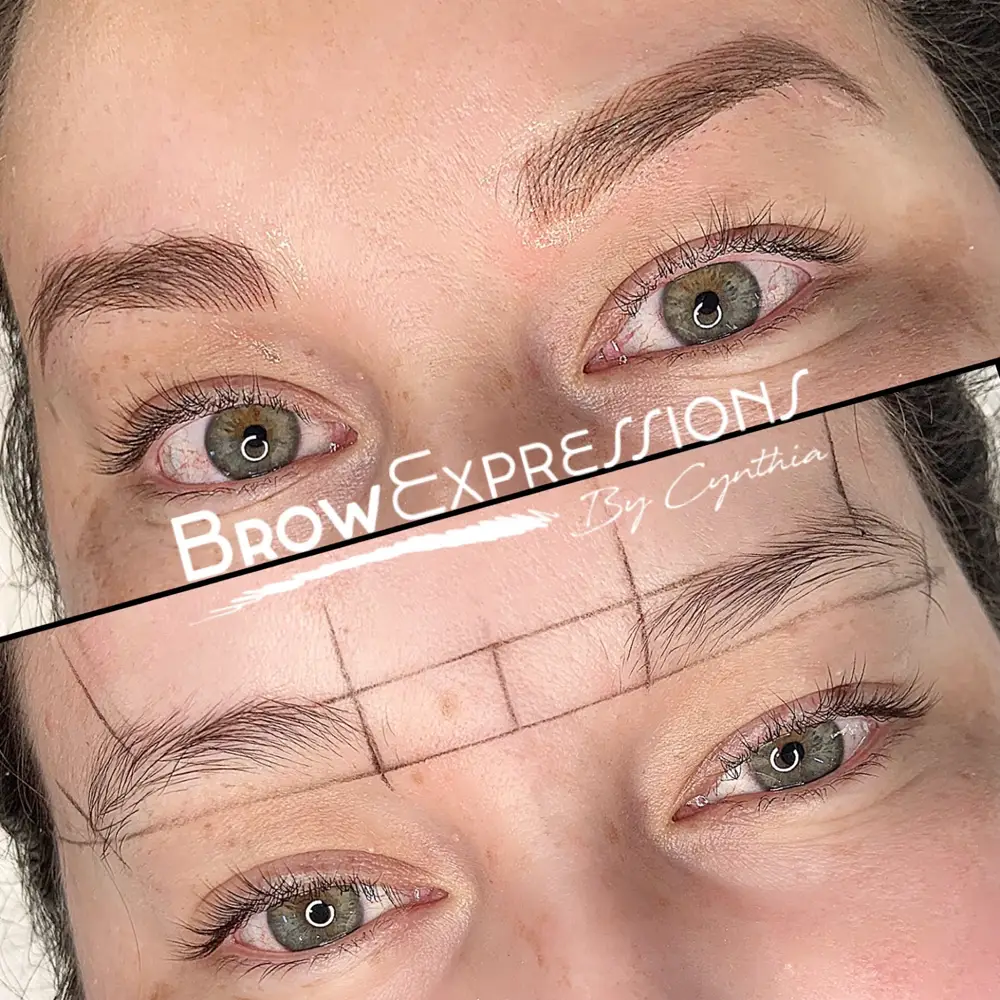 Nano brows before and after with brow mapping — Prescott AZ client with green eyes